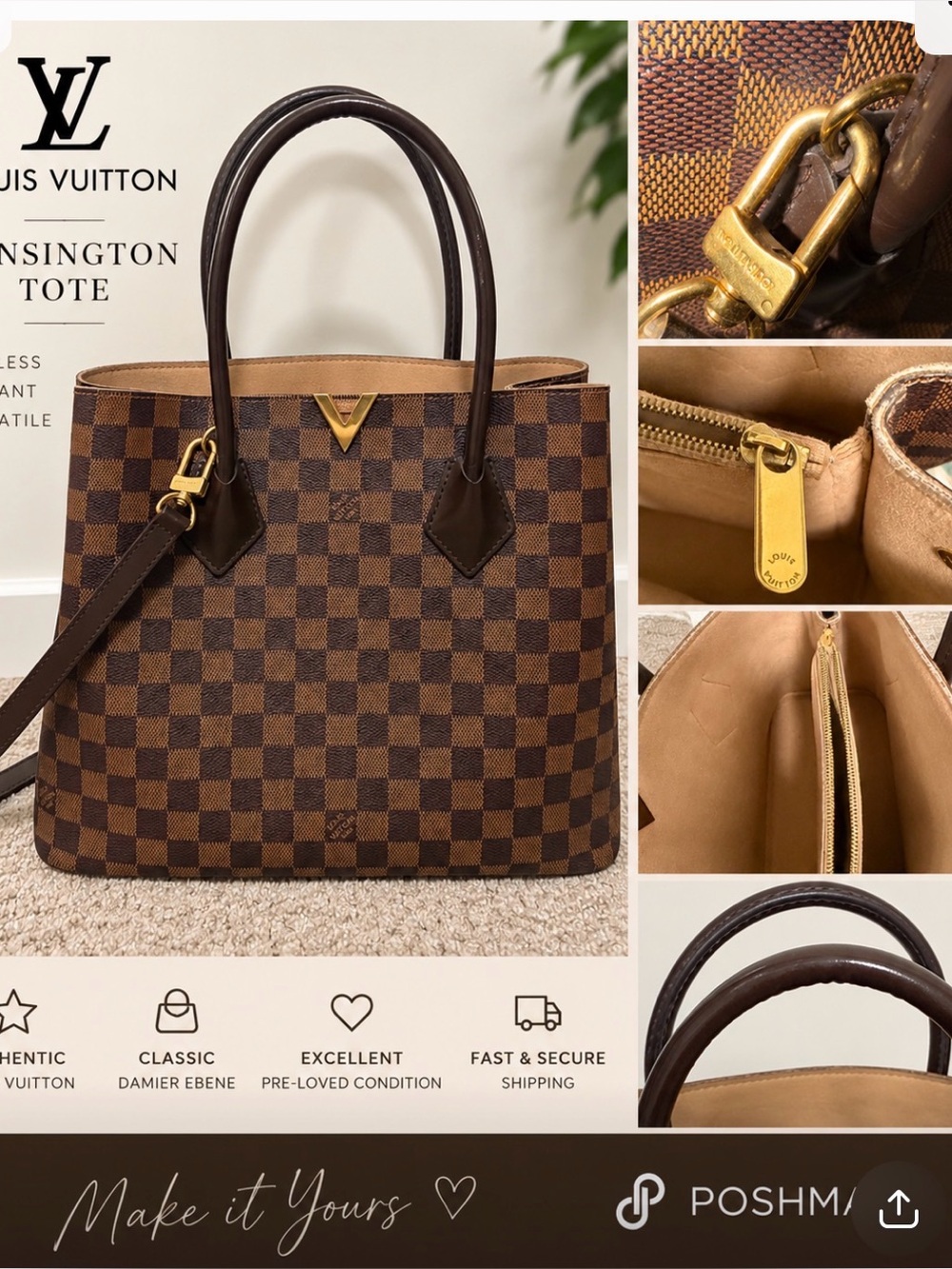 Louis Vuitton Damier Ebene Kensington Tote in Dark Brown and Tan